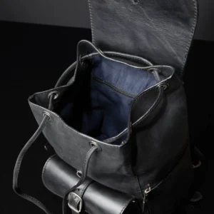 Interior view of Women’s Explorer Medium Backpack in black leather, featuring a spacious main compartment and secure inner pocket.