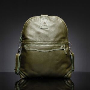 Women's Monroe 2-in-1 backpack in olive green full-grain leather, showcasing sleek design with adjustable straps and zip pockets.