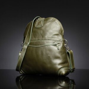 Women's Monroe 2-in-1 bag in olive green, highlighting full backpack height, dual zippered compartments, and reinforced stitching