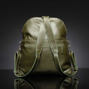 Women's Monroe 2-in-1 backpack in olive green leather, displayed from the back to highlight adjustable backpack straps and zippered compartments.