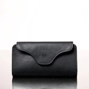 Black leather Genevieve smart phone purse and clutch, handcrafted with full-grain leather, featuring a detachable strap and ample storage.