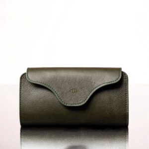 Women's olive green leather Genevieve smart phone purse, designed for multifunctional use as a purse and clutch with a detachable strap.