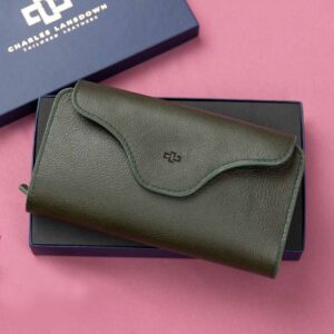 Olive green Genevieve leather smart phone purse and clutch, displayed in a premium Charles Lansdown gift box, designed with a secure closure and an expanding pouch for phone storage.