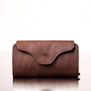 Rich brown leather Genevieve smart phone purse, featuring a sophisticated handcrafted design with secure storage for essentials.