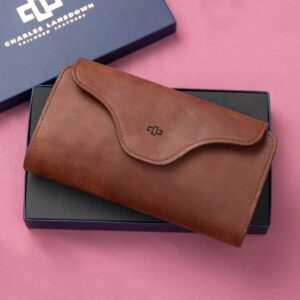 Luxury rich brown leather Genevieve smart phone purse and clutch, showcased in a stylish gift box, offering a detachable strap for clutch conversion and ample storage.