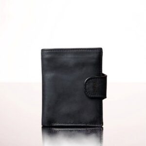 Women's black leather Rosalind purse, handcrafted full-grain leather with a secure clip closure, 16 card slots, and versatile storage.