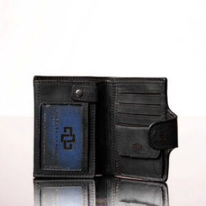 Inside view of a black leather Rosalind purse, featuring 16 card slots, two note sections, a coin pouch, and an ID window.