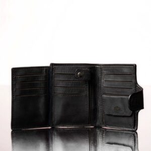 Black leather Rosalind purse with organized storage, multiple compartments for cards, notes, coins, and a secure clip closure.