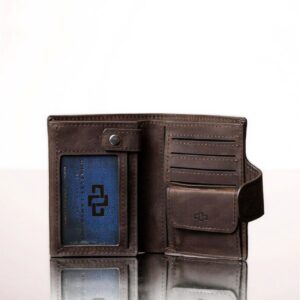 Inside compartments of a brown leather Rosalind purse, showcasing multiple card slots, a coin pouch, and two note sections.