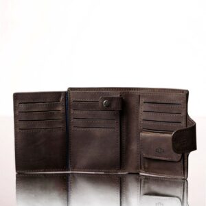 Rich brown leather Rosalind purse with organized storage, featuring wide slots and secure compartments for everyday essentials.