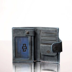 Inside view of a denim blue leather Rosalind purse, featuring 16 card slots, a coin pouch, two note sections, and an ID window.
