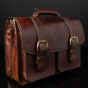 Side profile of Benjamin Classic Laptop Bag, showcasing its sturdy leather handle and spacious design.