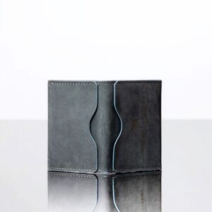 Close-up of men’s denim blue Dakota leather cardholder. Premium craftsmanship, curved slots, and embossed Charles Lansdown branding.