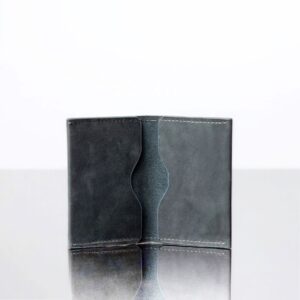 Men’s slim denim blue leather cardholder with four curved slots. Durable bifold design for minimalist and secure card storage.