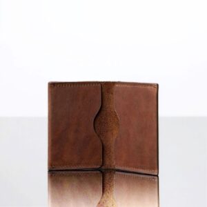 Men’s slim rich brown leather cardholder with four curved slots. Durable bifold design for minimalist and secure card storage.