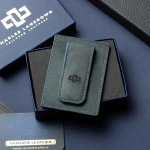 Premium Charles Lansdown Belvoir Streamline Moneyclip Cardholder in denim blue, inside a luxury gift box.