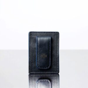Front view of the navy blue Belvoir Streamline Moneyclip Cardholder, featuring strong magnetic clip and sleek leather finish.
