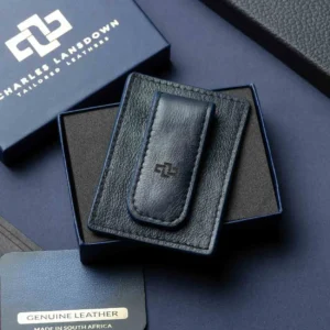 Belvoir Streamline Moneyclip Cardholder in navy blue leather inside an elegant Charles Lansdown gift box, premium handcrafted design.