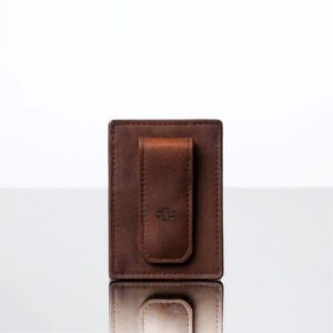 Rich brown Belvoir Streamline Moneyclip Cardholder, minimalist leather design with magnetic clip for secure note holding.