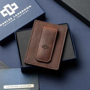 Belvoir Streamline Moneyclip Cardholder in rich brown leather presented in a signature Charles Lansdown gift box, luxury handcrafted leather.