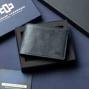 CHARLES LANSDOWN Belvoir leather bifold wallet in navy blue, in gift box.