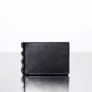Closed view of men's Benjamin bifold wallet in black full-grain leather with brass money clip.