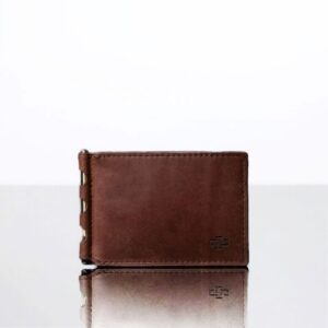 Closed men's Benjamin bifold wallet in rich brown leather with brass money clip.
