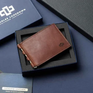 Men's Benjamin bifold wallet in rich brown full-grain leather, presented in an open Charles Lansdown gift box.