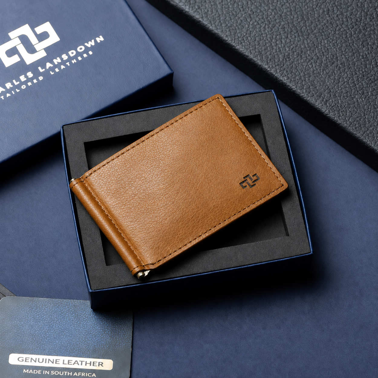 CHARLES LANSDOWN Benjamin brass leather moneyclip wallet in rich tan, in gift box.