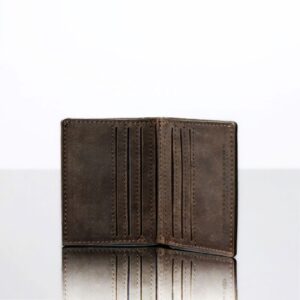 Interior of men’s brown leather Mansfield Wallet. Features multiple card slots, a cash compartment, and a slim bifold design.