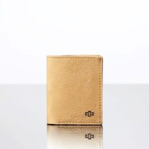 Close-up of men’s Mansfield Bifold Wallet in tan leather. Smooth finish, elegant stitching, and embossed branding for a refined look.