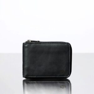 Men's Montrose Zip Around Wallet in black full-grain leather, closed for a sleek and secure design with full-zip closure.