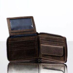 Rich brown Montrose Zip Around Wallet displayed open, highlighting organized storage for cards, cash, and ID.