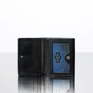 Open Ashford black leather trifold wallet for men, featuring card slots, a note section, and an ID window for quick access.