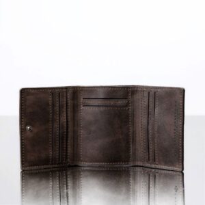 Open Ashford men's brown trifold wallet displaying multiple card slots and a wide note section for organized storage.