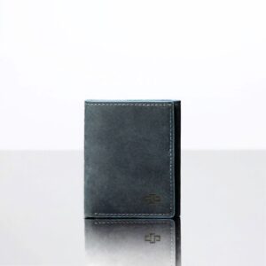 Front view of the Ashford denim blue trifold wallet in premium full-grain leather, offering a sleek and modern design.