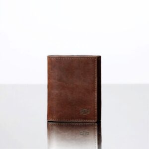 Ashford Trifold Wallet in rich brown leather, showcasing its slim, minimalist design with premium craftsmanship.