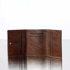 Open Ashford Trifold Wallet in rich brown leather, displaying multiple card slots, a spacious note section, and premium craftsmanship.