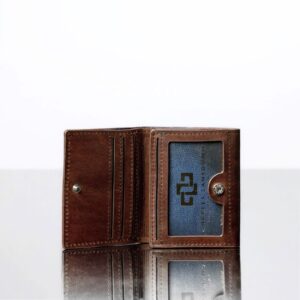 Ashford Trifold Wallet in rich brown leather, opened to reveal an ID window and neatly arranged card slots.