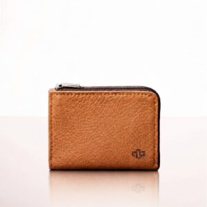 Women's Amelie zipped leather cardholder in rich tan, studio view.