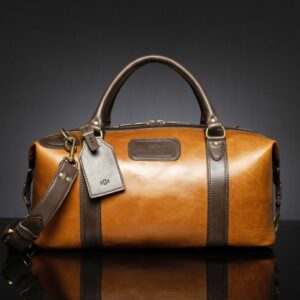 Mansfield Duffle Bag in two-tone tan and brown leather, featuring a classic and stylish design.