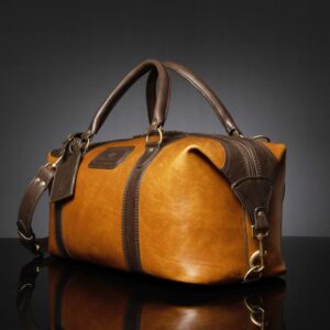 Side profile of Mansfield Duffle Bag in tan and brown leather, emphasizing its spacious interior and durable leather straps.