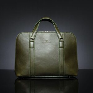 Women's Reagan Euro olive green leather laptop bag, showcasing its structured shape and modern design.