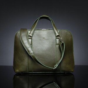 Women's Reagan Euro olive green leather laptop bag, featuring a removable shoulder strap for versatile styling.