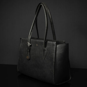 A stylish black leather tote, designed for professionals, featuring a structured silhouette and sturdy rolled handles.