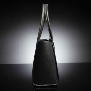 A side view of the Aria Tote Laptop Bag in black leather, highlighting its sleek shape and structured design.