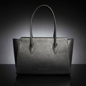 Back view of the Aria Tote Laptop Bag in black leather, showcasing its smooth surface and sturdy handles.