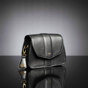 A structured black leather handbag with a detachable handle, highlighting its polished design and versatile use.