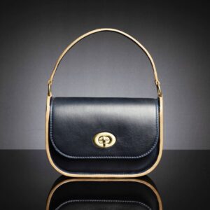 Women's Luminara Side Bag in navy and tan genuine leather, featuring a structured design with a turn-lock closure and a fixed handle.