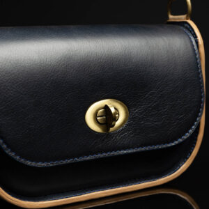 Close-up of the Luminara handbag’s gold-tone turn-lock closure, highlighting its secure fastening and elegant finish.